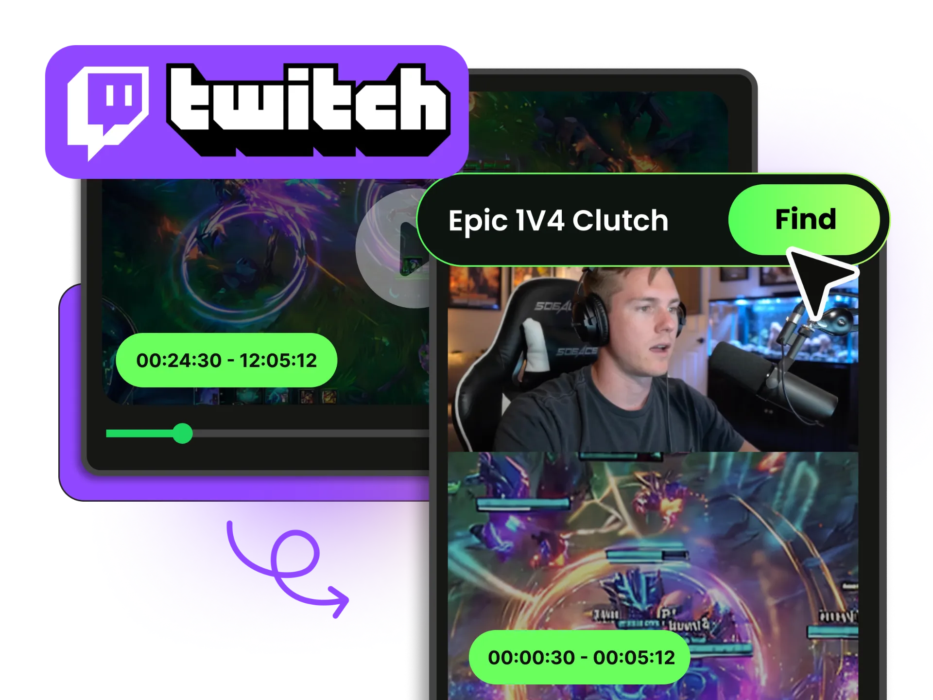 AI search interface finding specific gaming moments in VODs